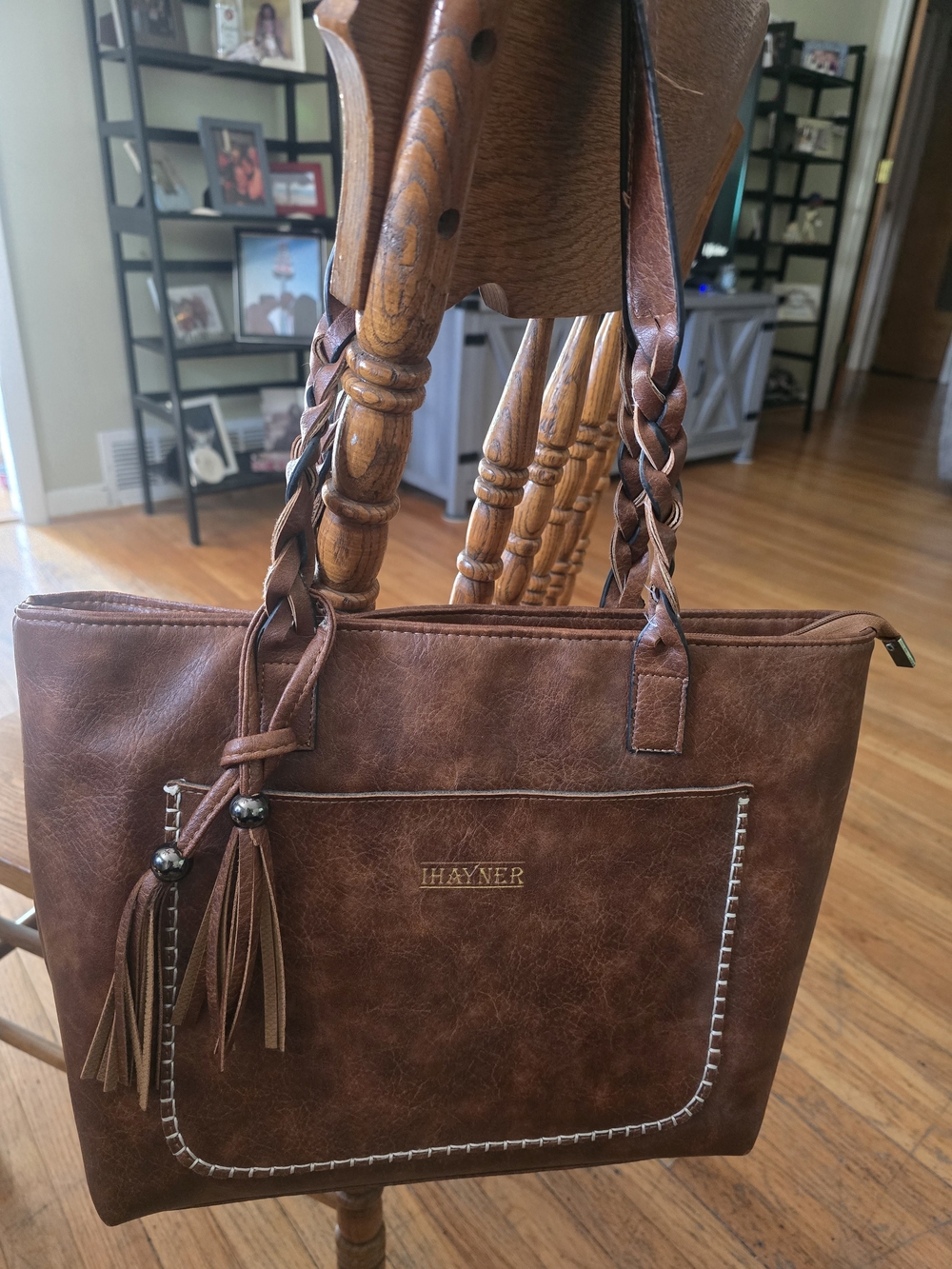 Brown Braided-Handle Tote with Tassel Detail